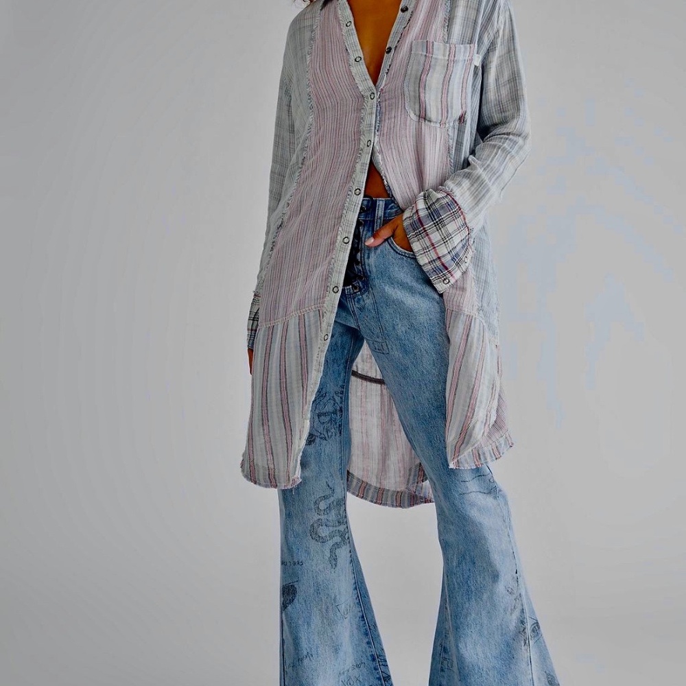 We The Free Long Striped Button-Down Tunic in Pale Pink and Light Gray